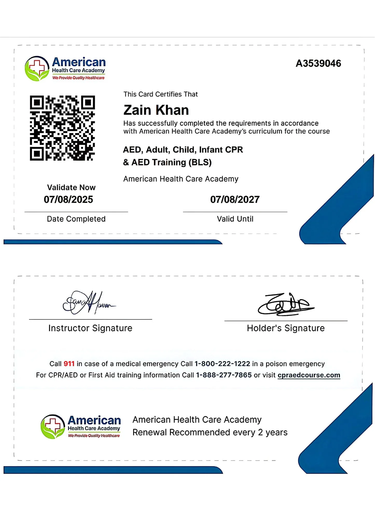 BLS certificate card: AED, adult, child and infant CPR and AED training, American Health Care Academy, valid to July 2027