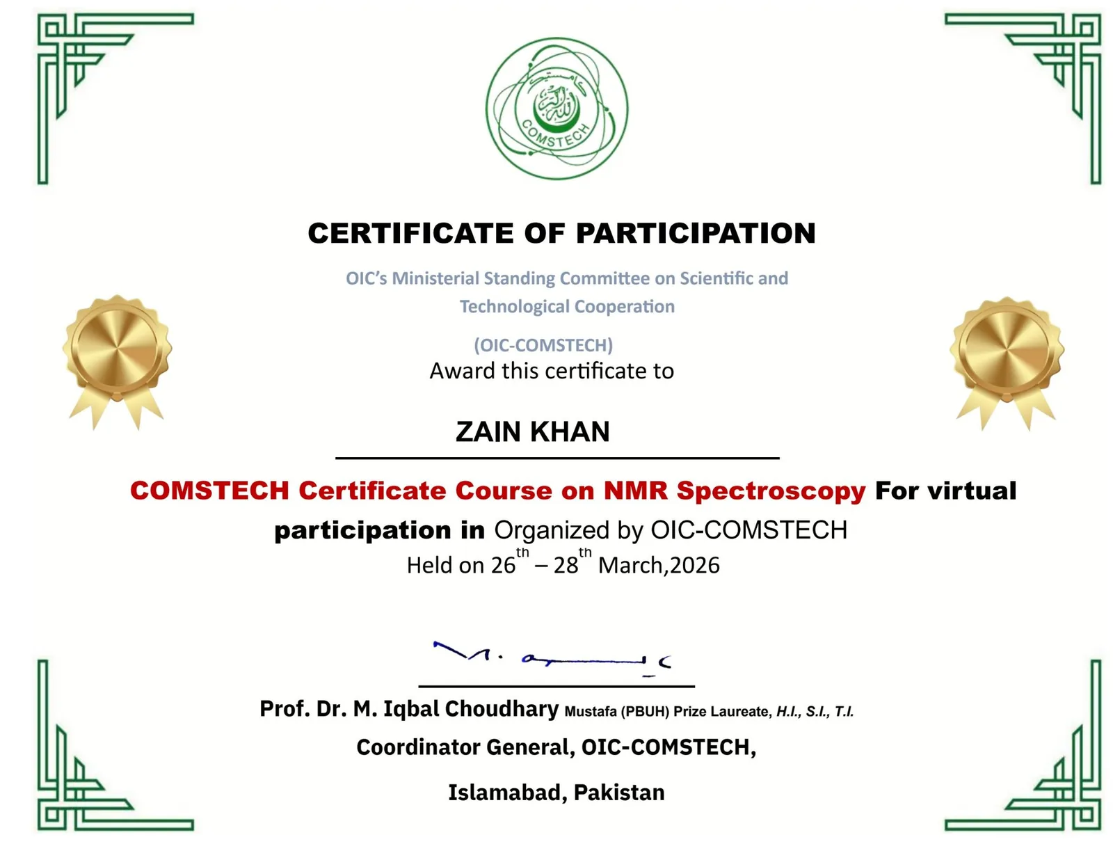 Certificate of participation: COMSTECH certificate course on NMR spectroscopy, March 2026