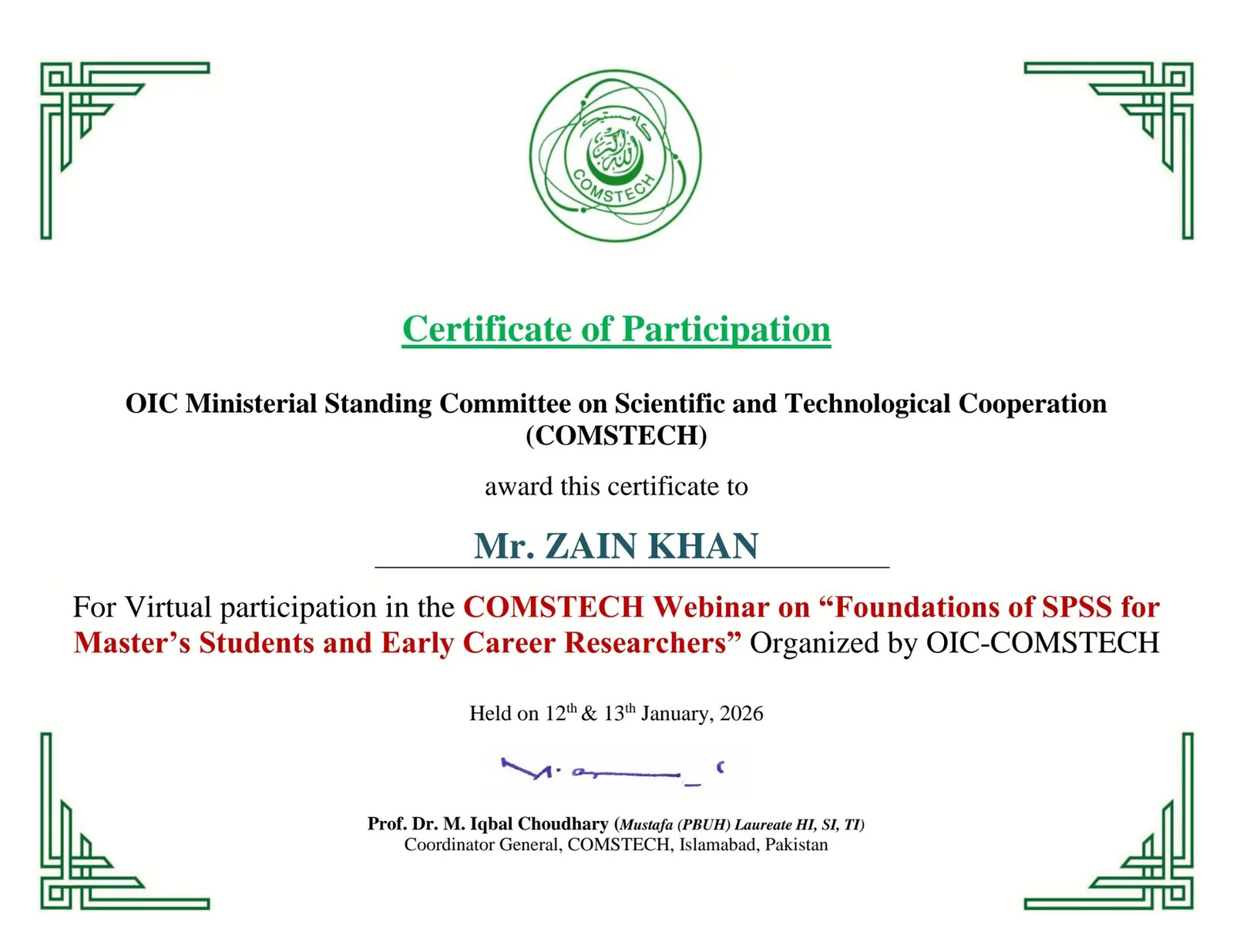 Certificate of participation: COMSTECH webinar on foundations of SPSS for master's students and early career researchers, January 2026