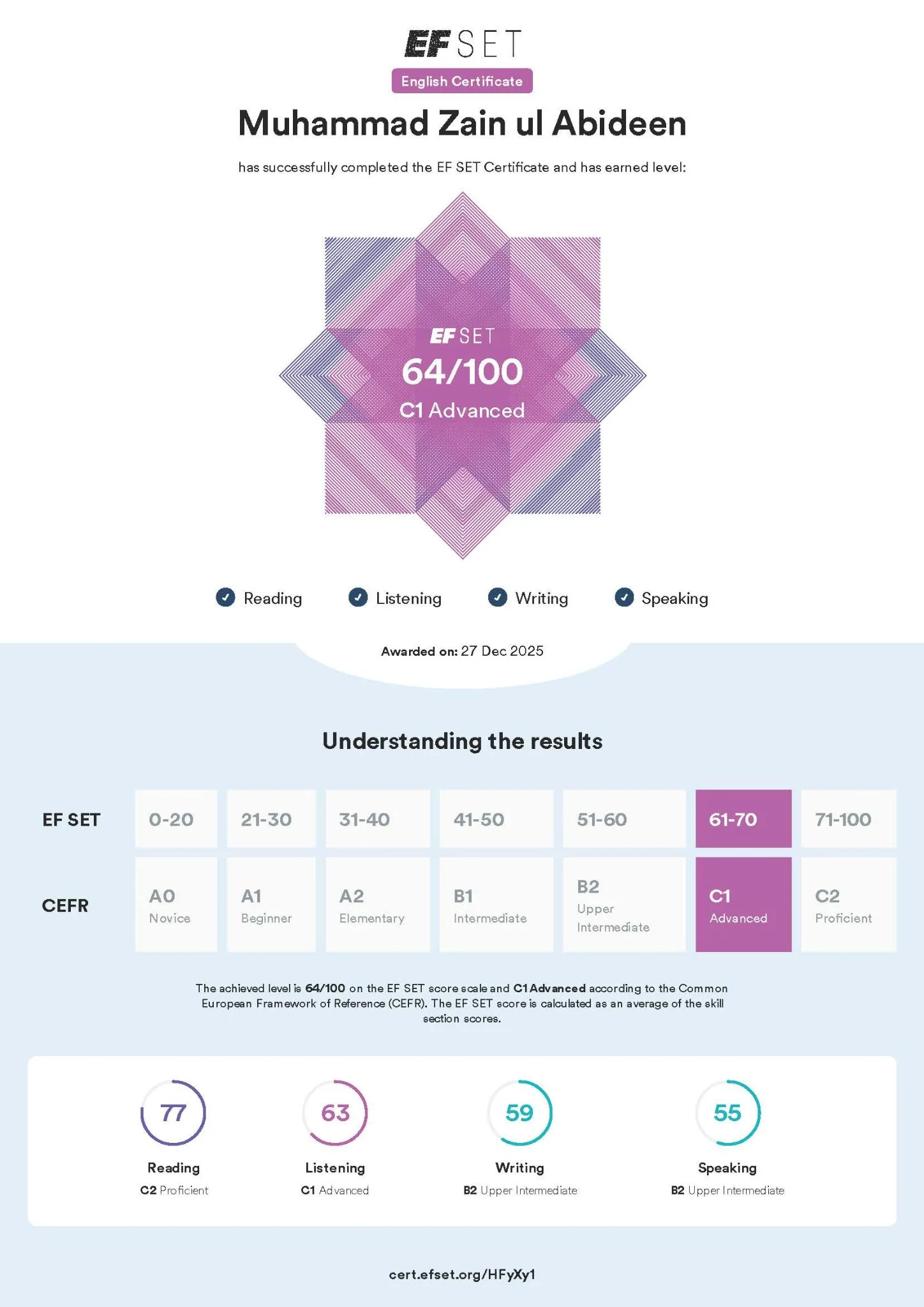 EF SET English certificate: score 64 out of 100, C1 Advanced level, December 2025