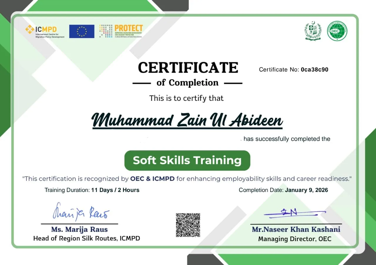 Certificate of completion: soft skills training recognized by OEC and ICMPD, January 2026