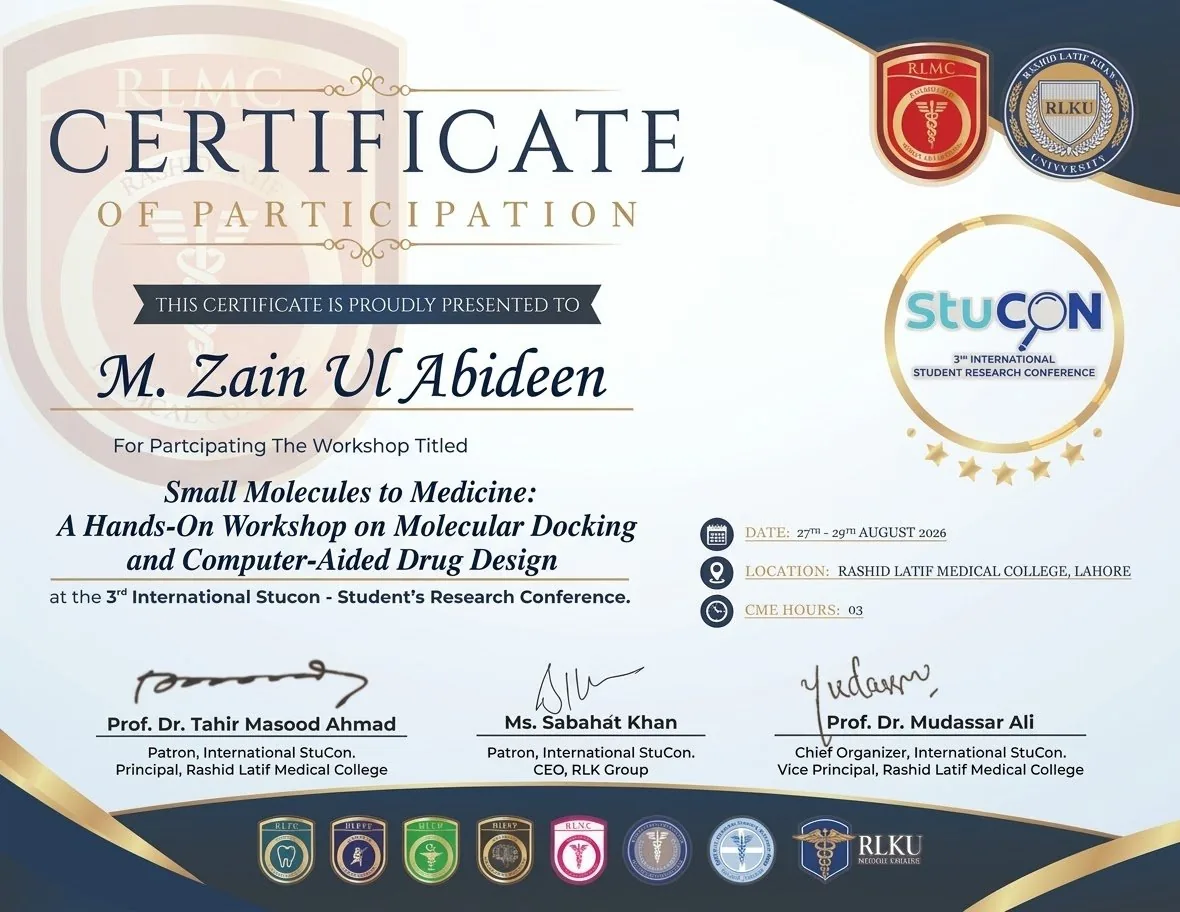 Certificate of participation: hands-on workshop on molecular docking and computer-aided drug design, 3rd International StuCon, Rashid Latif Medical College, August 2026